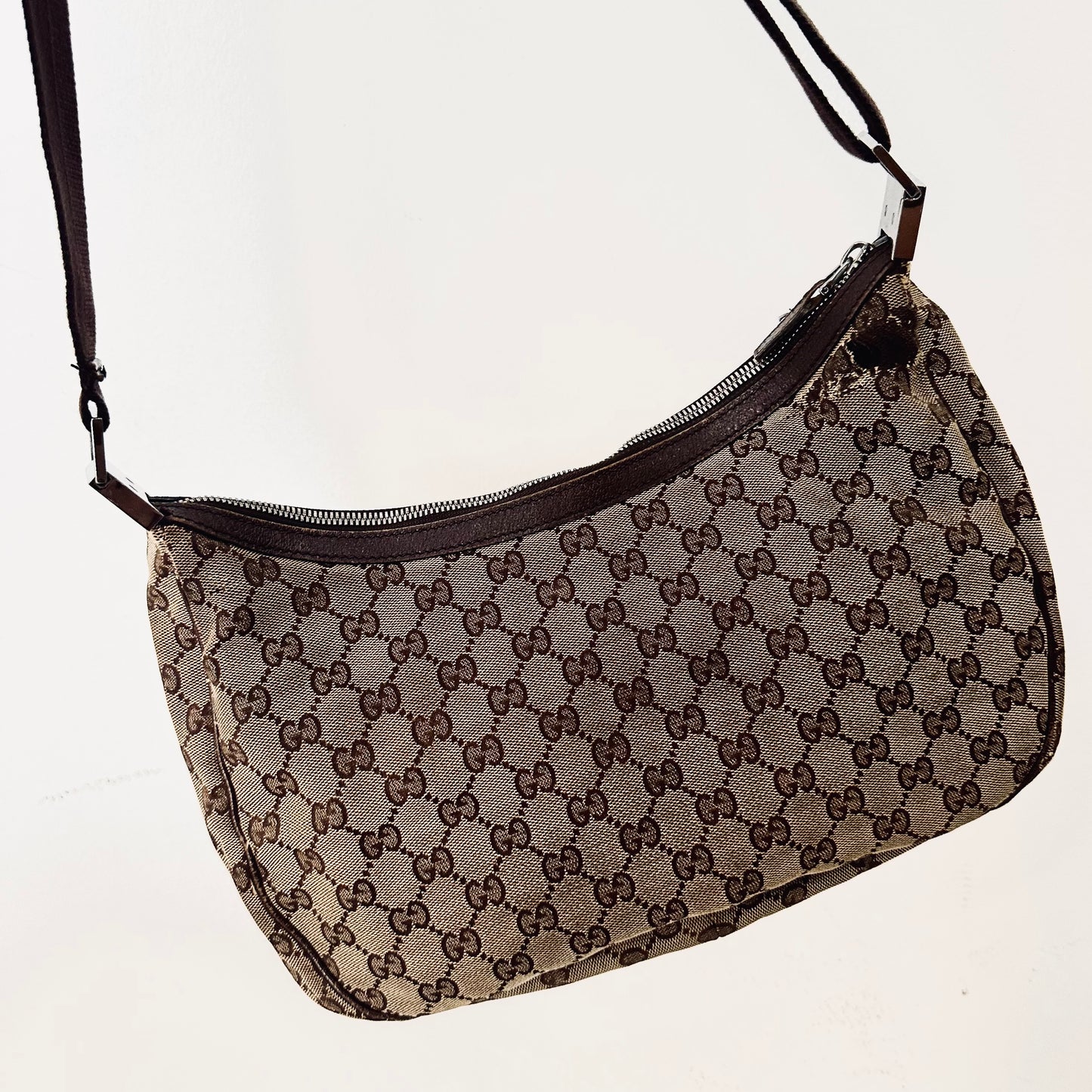 Gucci Beige / Brown GG Monogram Logo Half Moon Crescent Hobo Baguette Shoulder Sling Bag