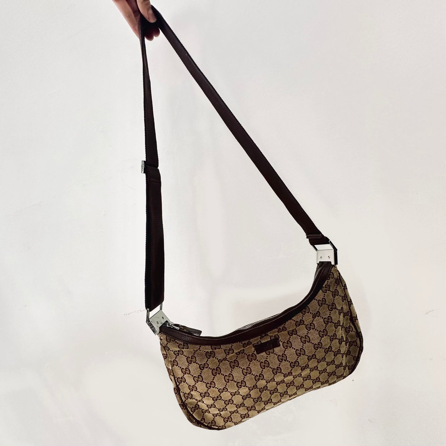 Gucci Beige / Brown GG Monogram Logo Half Moon Crescent Hobo Baguette Shoulder Sling Bag