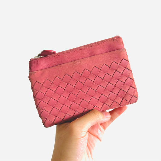 Bottega Veneta BV Rose Pink Intrecciato Nappa Woven Leather Zip Around Zippy Compact Wallet