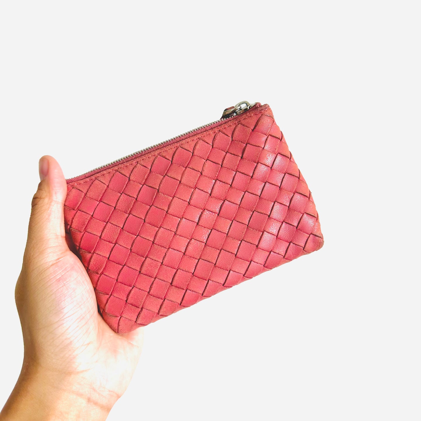 Bottega Veneta BV Rose Pink Intrecciato Nappa Woven Leather Zip Around Zippy Compact Wallet