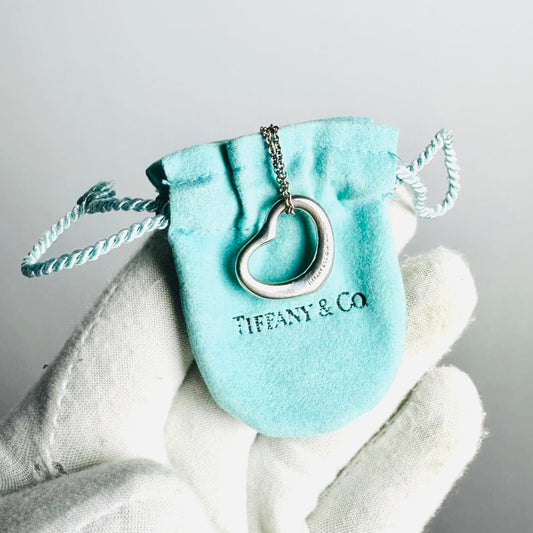 Tiffany & Co T&C Elsa Perreti Medium Open Heart Pendant Classic 925 Sterling Silver Chain Necklace
