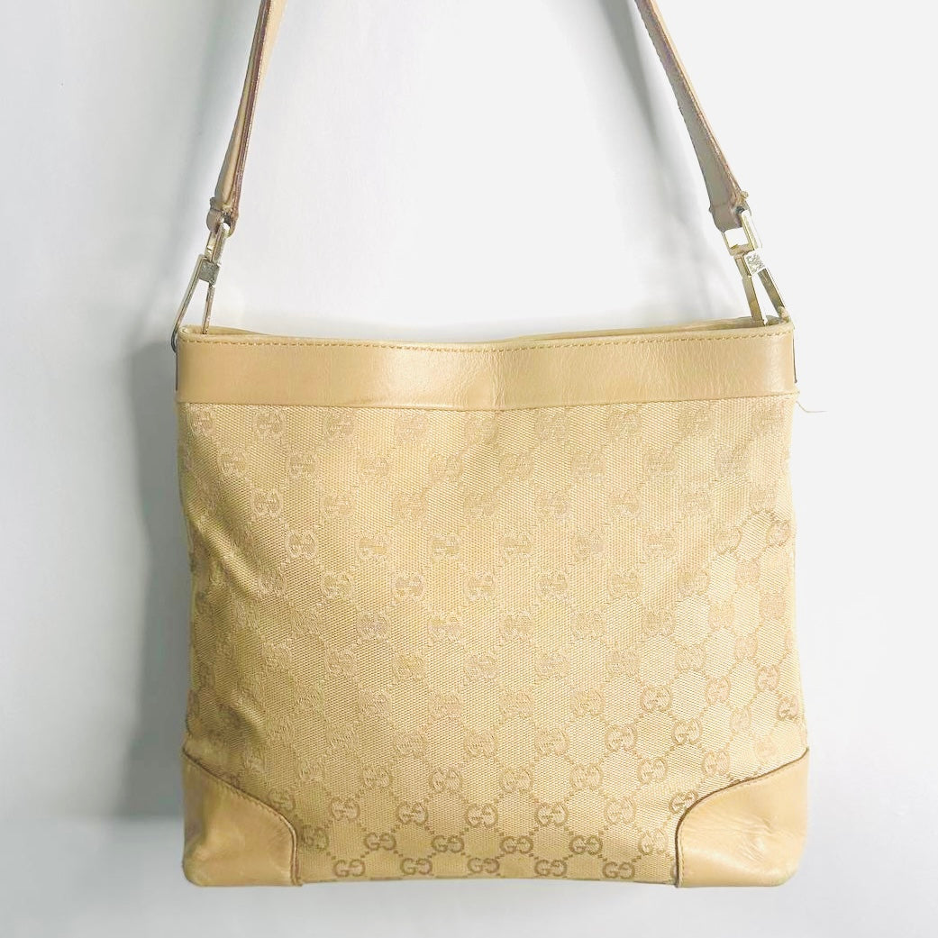 Gucci Beige GHW GG Monogram Logo Hobo Baguette Bucket Shoulder Sling Bag