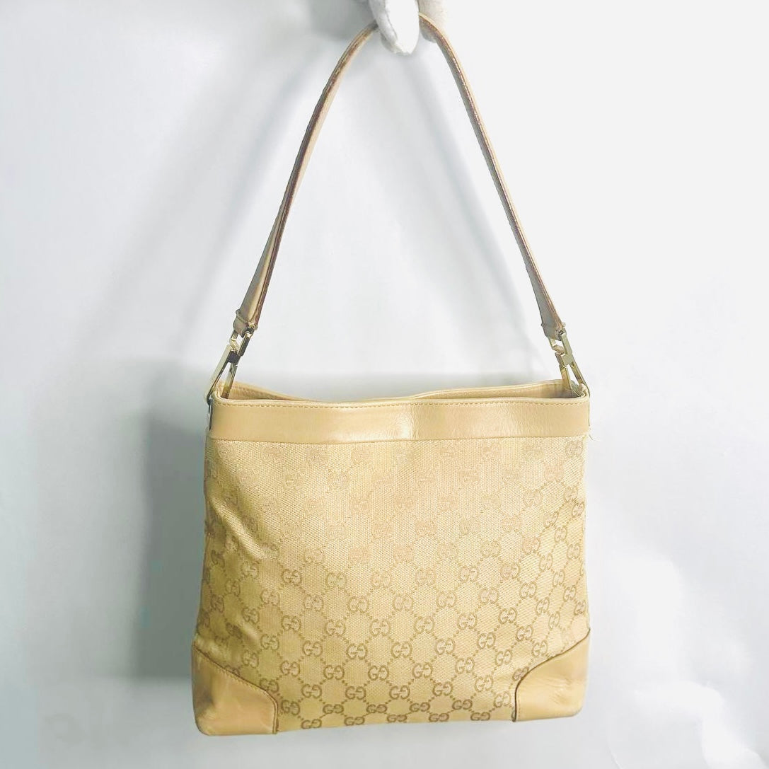 Gucci Beige GHW GG Monogram Logo Hobo Baguette Bucket Shoulder Sling Bag