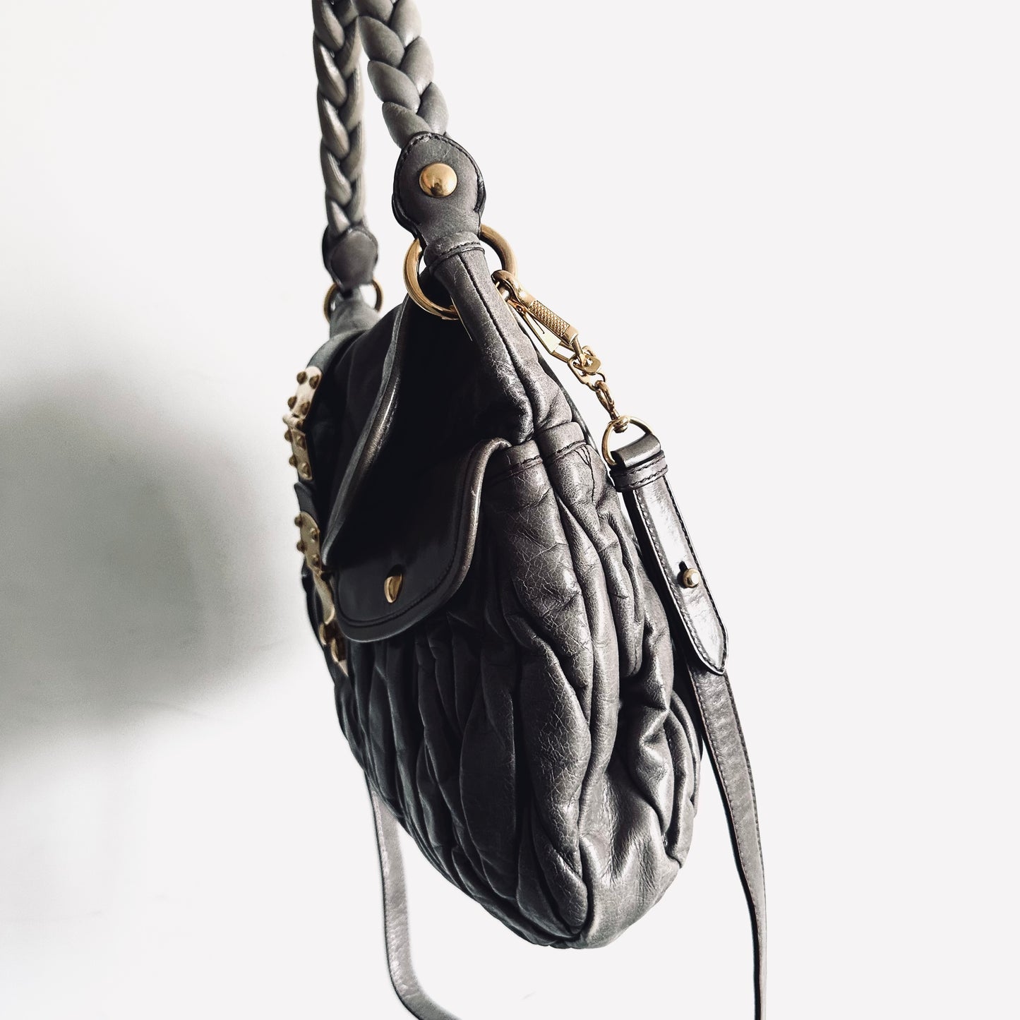 Miu Miu Dark Grey / Gray GHW Matelasse Lux Classic Logo Hobo Baguette Shopper Shoulder Sling Bag