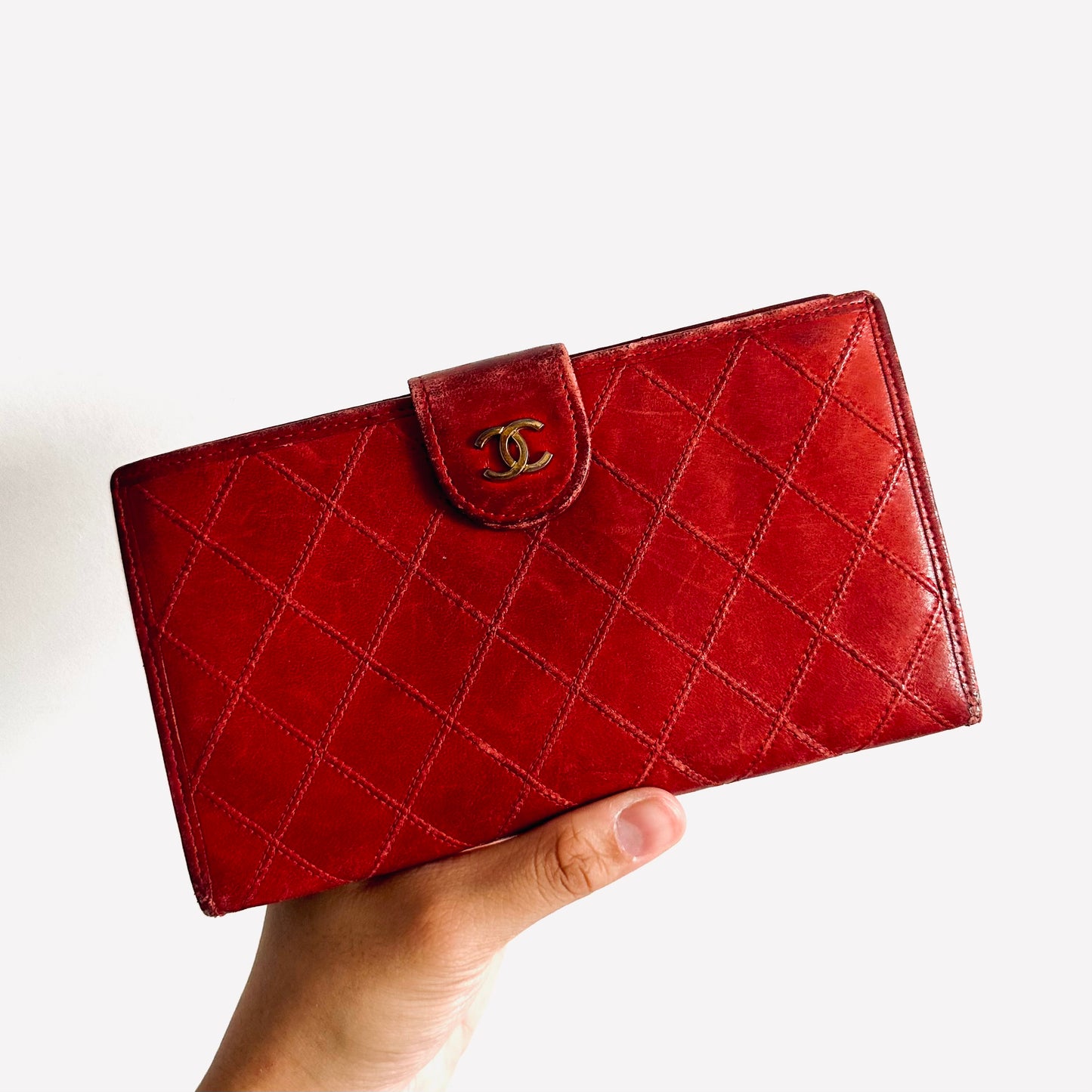 Chanel Red GHW Quilted Lambskin Leather CC Logo Flap Bifold Long Wallet 3s