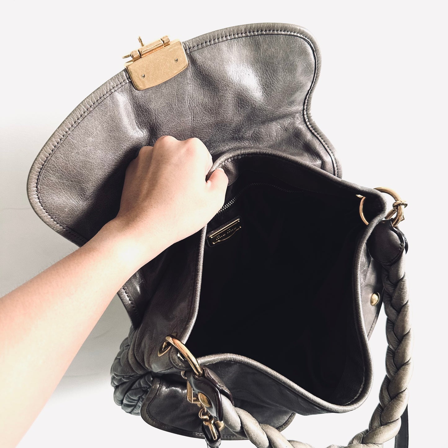 Miu Miu Dark Grey / Gray GHW Matelasse Lux Classic Logo Hobo Baguette Shopper Shoulder Sling Bag