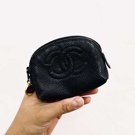 Chanel Black GHW Caviar Giant CC Monogram Logo Zip Coin Purse Pouch Clutch Case