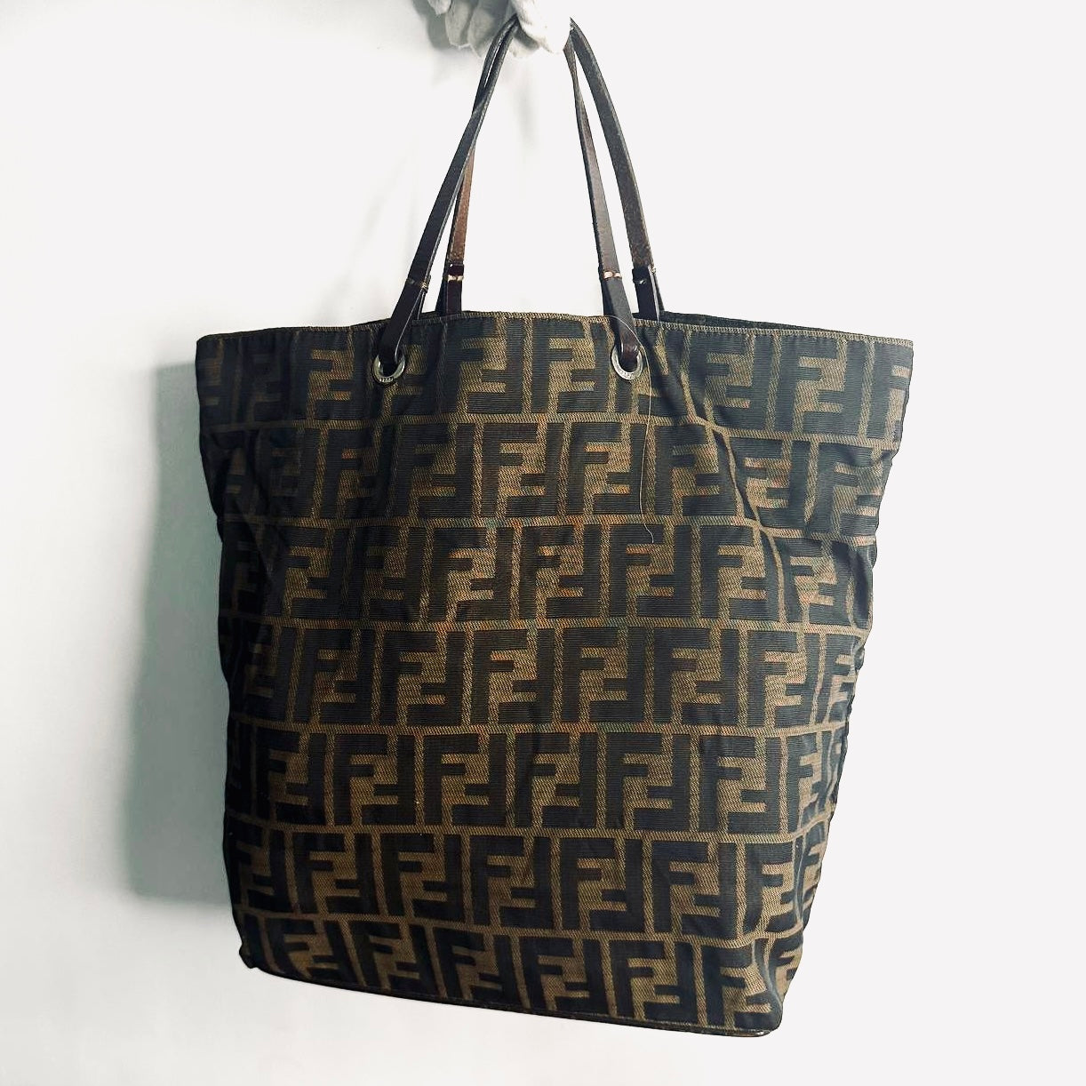 Fendi Brown Zucca Zucchino FF Monogram Logo Bucket Shopper Tall Vertical Tote Bag