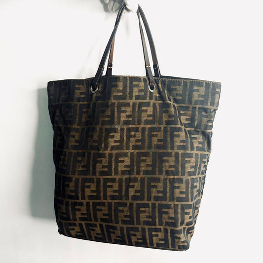 Fendi Brown Zucca Zucchino FF Monogram Logo Bucket Shopper Tall Vertical Tote Bag