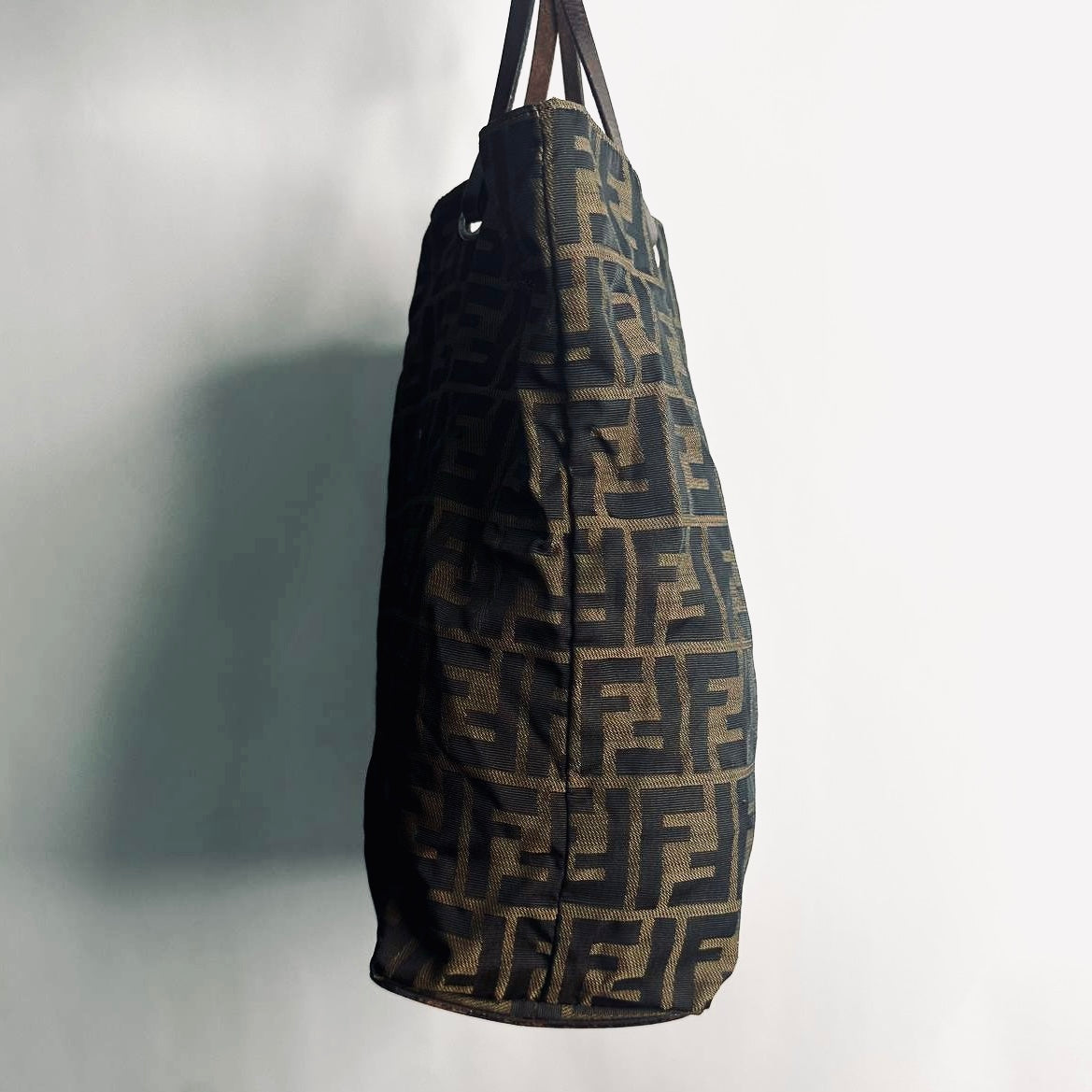 Fendi Brown Zucca Zucchino FF Monogram Logo Bucket Shopper Tall Vertical Tote Bag