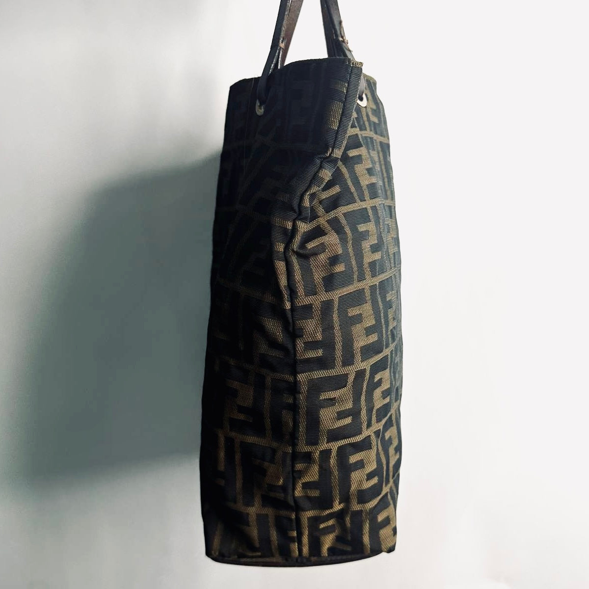 Fendi Brown Zucca Zucchino FF Monogram Logo Bucket Shopper Tall Vertical Tote Bag