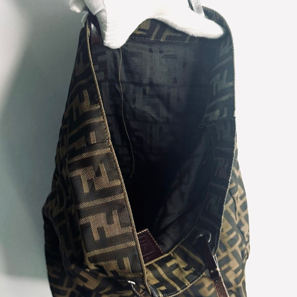 Fendi Brown Zucca Zucchino FF Monogram Logo Bucket Shopper Tall Vertical Tote Bag