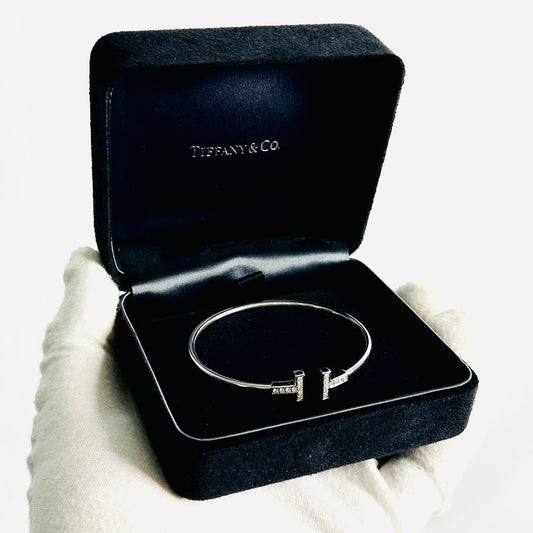 Tiffany & Co T&C T Wire Au750 18K White Gold With Diamonds Bracelet Bangle