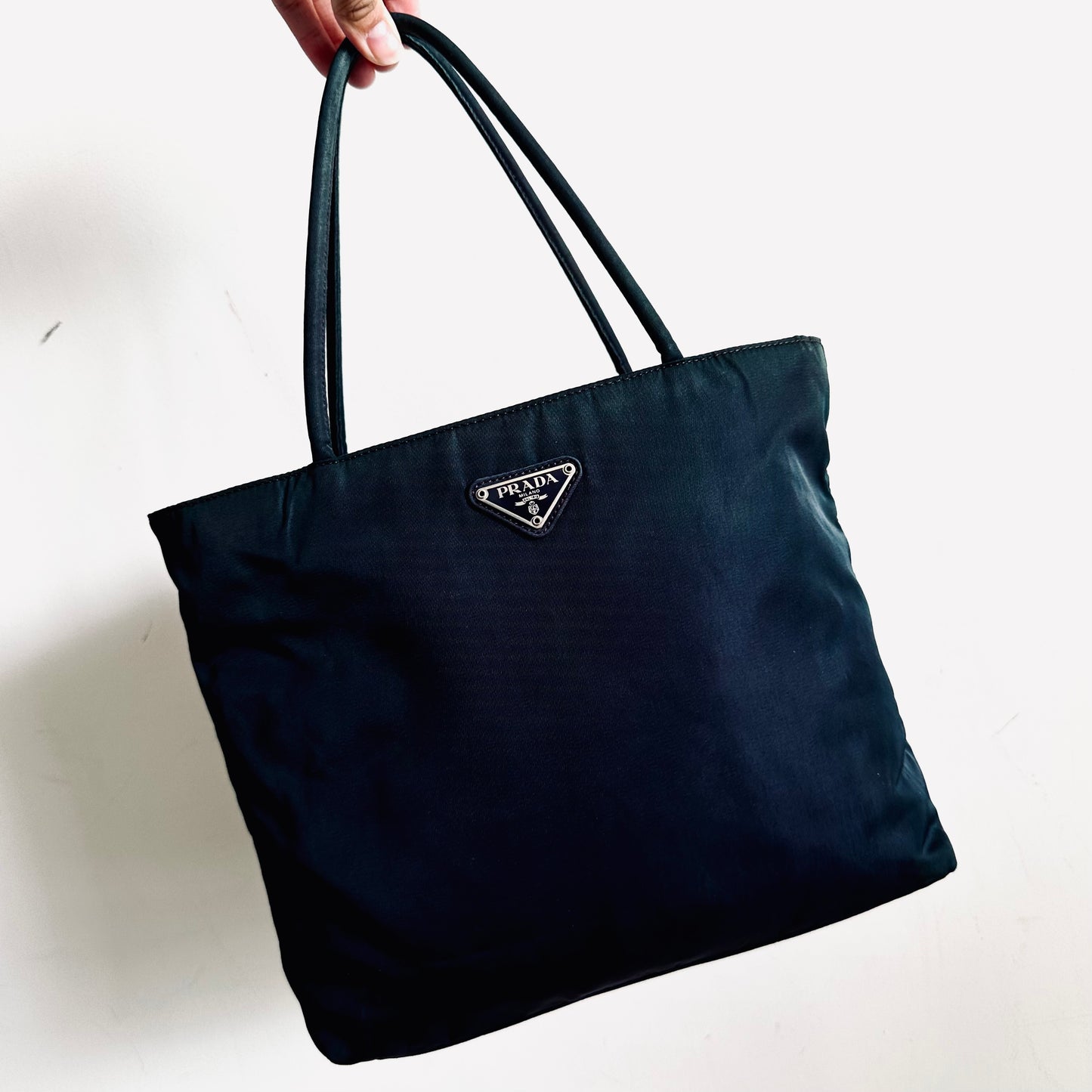 Prada Dark Teal Blue Tessuto City Classic Logo Nylon Shoulder Shopper Tote Bag