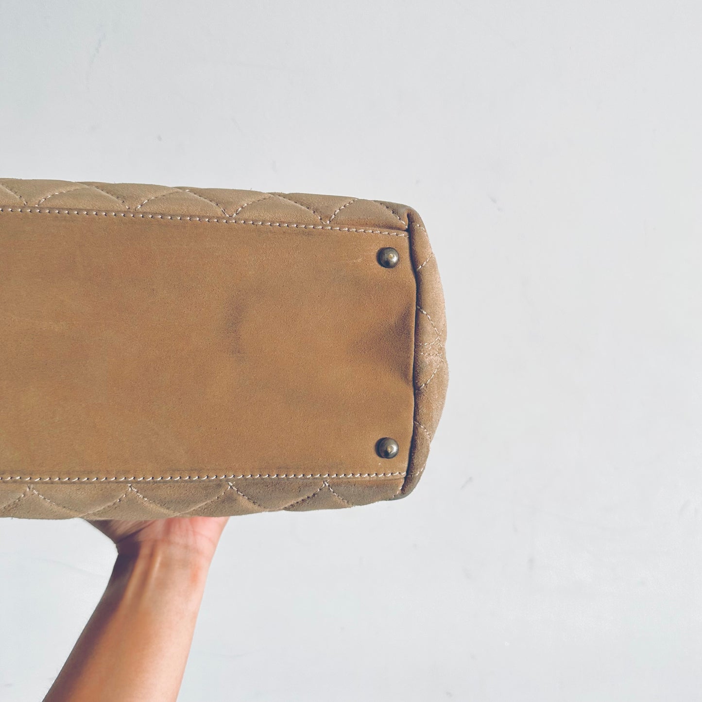 Chanel Wild Stitch Beige Caramel Brown Ruthenium Hardware CC Logo Quilted Suede Vintage 2-Way Shoulder Shopper Tote Bag 7s