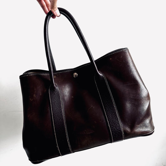 Hermes Dark Brown Garden Party 36 GP36 PM In Amazonia / Negonda Leather Shopper Shoulder Tote Bag