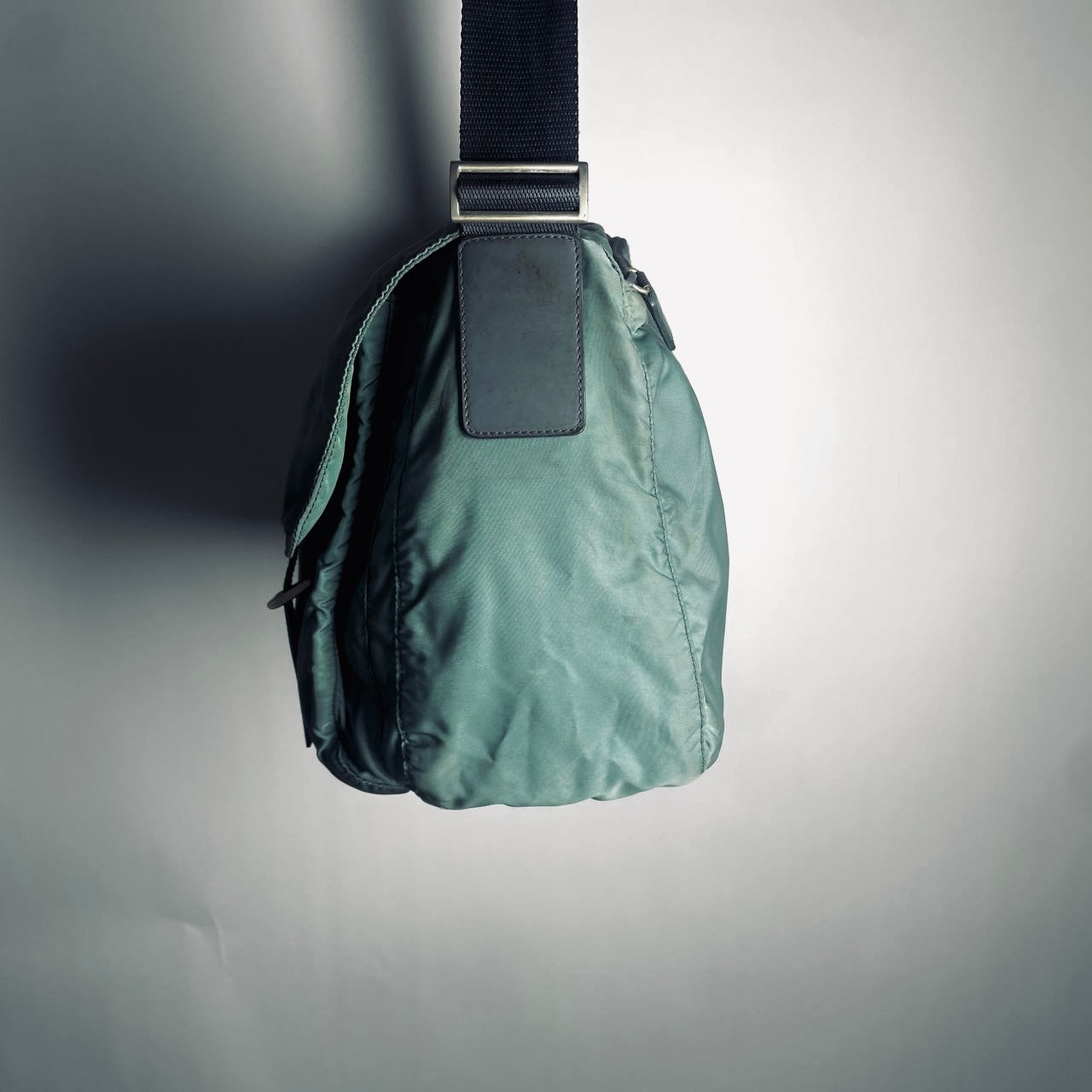 Prada Teal Green Tessuto Classic Monogram Logo Nylon & Leather Flap Shoulder Sling Bag
