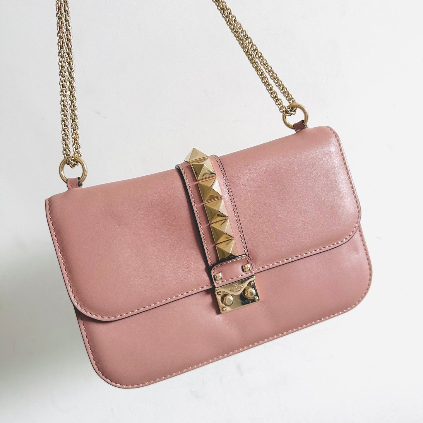 Valentino Rockstud Glam Lock Mauve Blush Pink GHW 2-Way Medium Flap Shoulder Sling Smooth Leather Bag