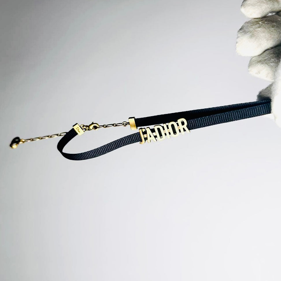 Christian Dior CD Black Jadior Antique Gold Hardware Monogram Logo Charms Choker Necklace