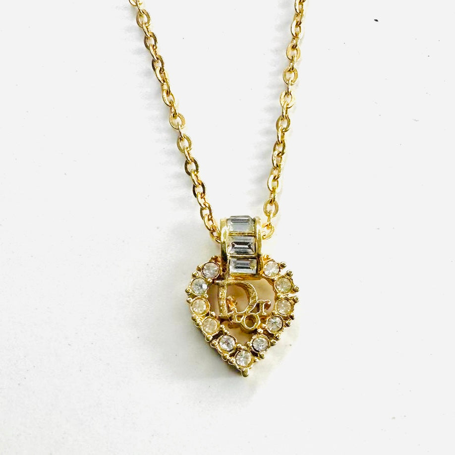 Christian Dior CD Monogram Logo Heart Gold & Crystals Vintage Chain Necklace