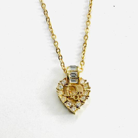 Christian Dior CD Monogram Logo Heart Gold & Crystals Vintage Chain Necklace