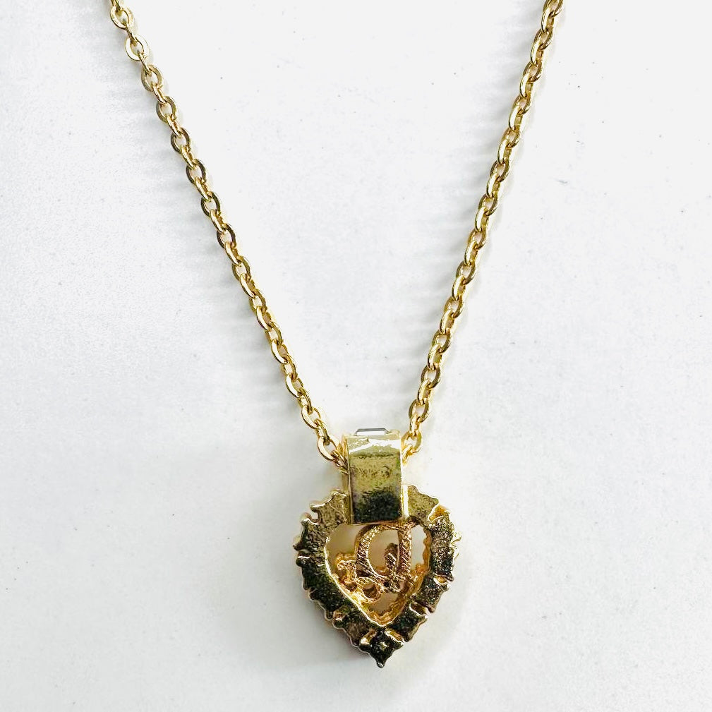 Christian Dior CD Monogram Logo Heart Gold & Crystals Vintage Chain Necklace