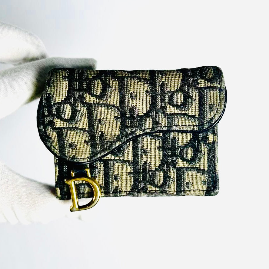 Christian Dior CD Navy Blue GHW Saddle Lotus Oblique Monogram Logo Flap Compact Wallet