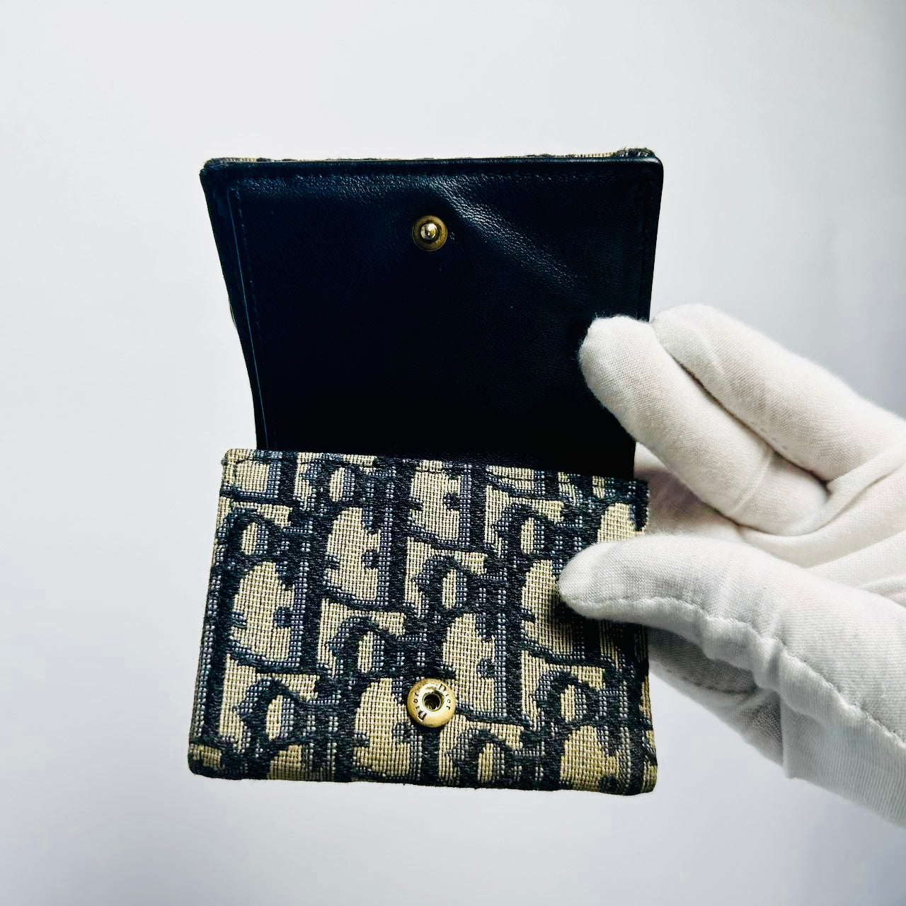 Christian Dior CD Navy Blue GHW Saddle Lotus Oblique Monogram Logo Flap Compact Wallet