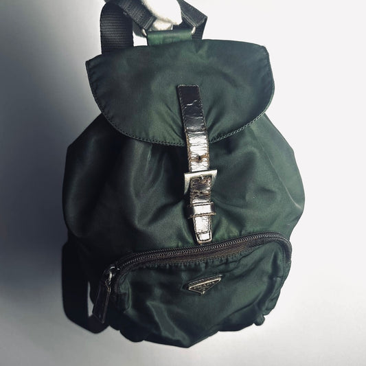 Prada Dark Green Khaki Tessuto Classic Monogram Logo Nylon & Leather Small Backpack Bag