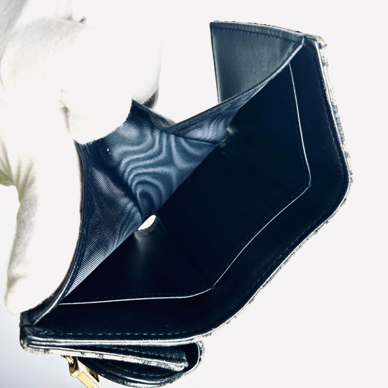 Christian Dior CD Navy Blue GHW Saddle Lotus Oblique Monogram Logo Flap Compact Wallet