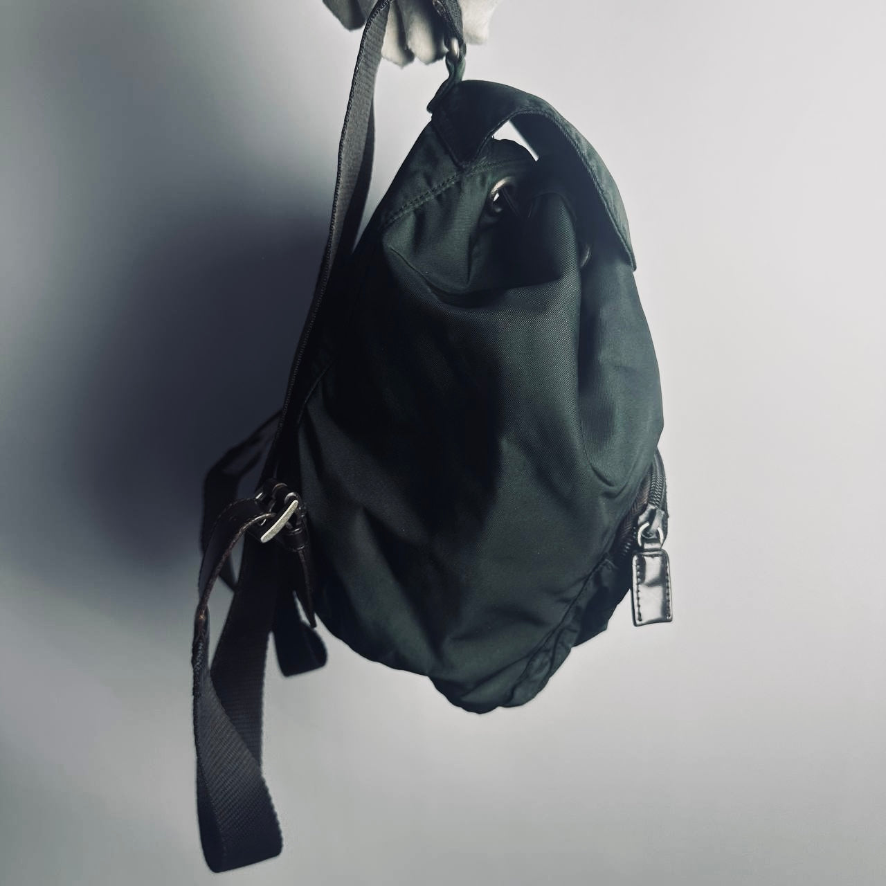 Prada Dark Green Khaki Tessuto Classic Monogram Logo Nylon & Leather Small Backpack Bag