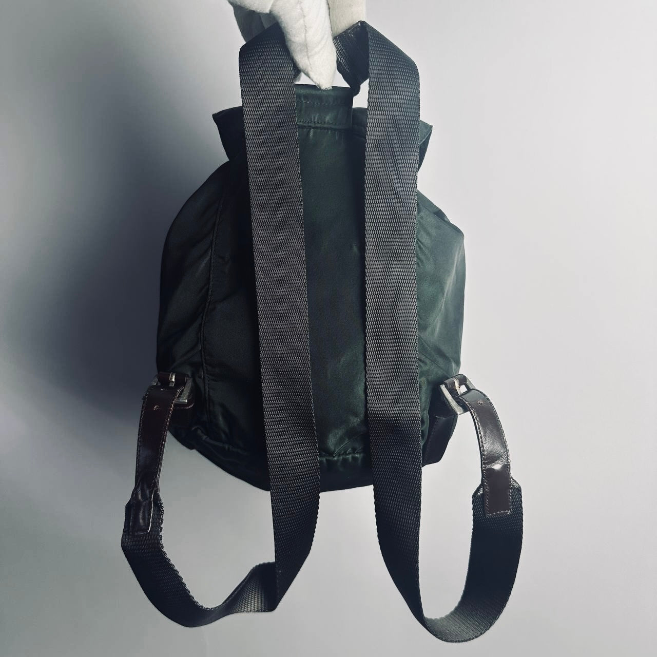 Prada Dark Green Khaki Tessuto Classic Monogram Logo Nylon & Leather Small Backpack Bag