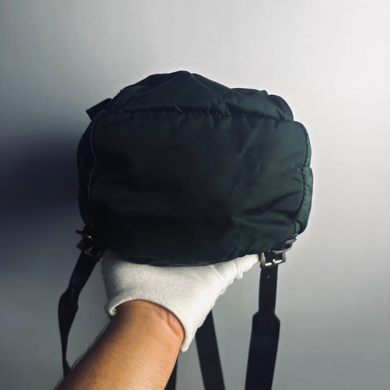 Prada Dark Green Khaki Tessuto Classic Monogram Logo Nylon & Leather Small Backpack Bag