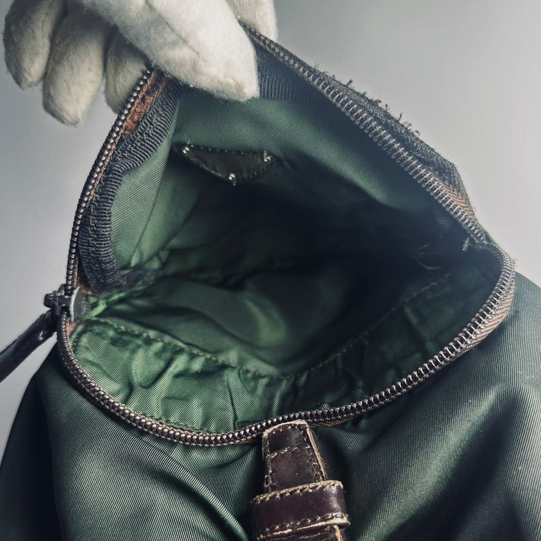 Prada Dark Green Khaki Tessuto Classic Monogram Logo Nylon & Leather Small Backpack Bag