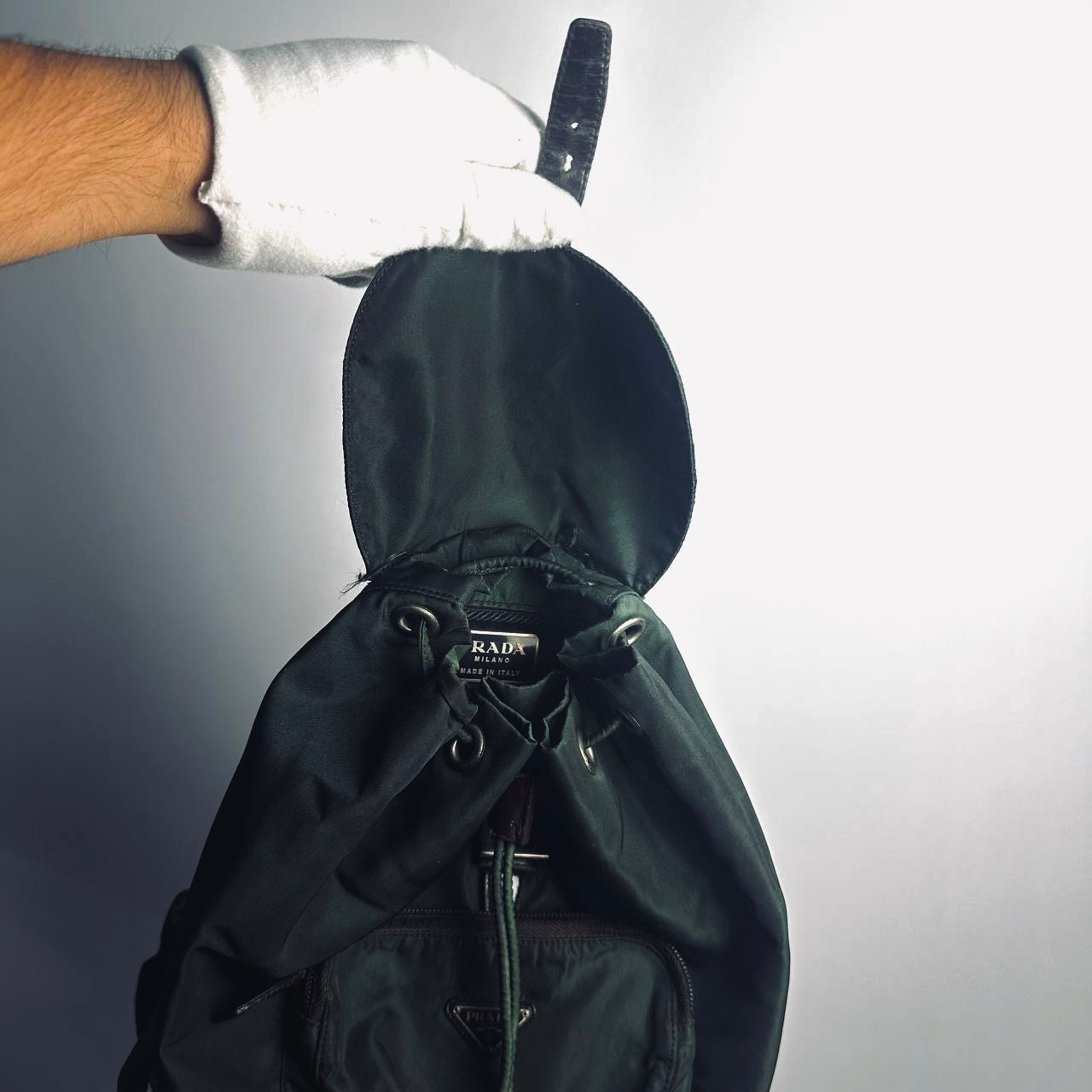 Prada Dark Green Khaki Tessuto Classic Monogram Logo Nylon & Leather Small Backpack Bag