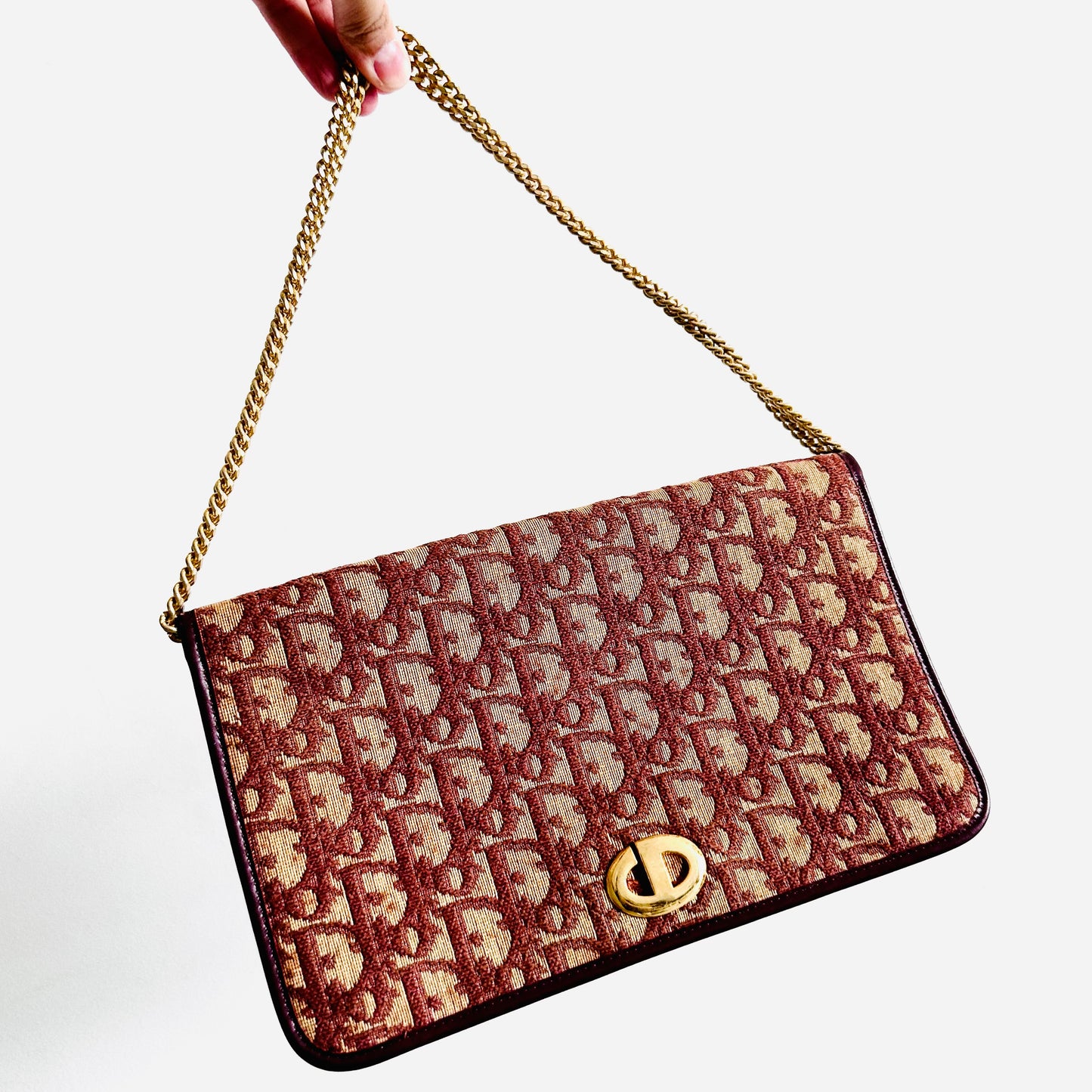 Christian Dior CD Maroon Red GHW Oblique Monogram Logo 2-Way Flap Vintage Shoulder Sling Bag