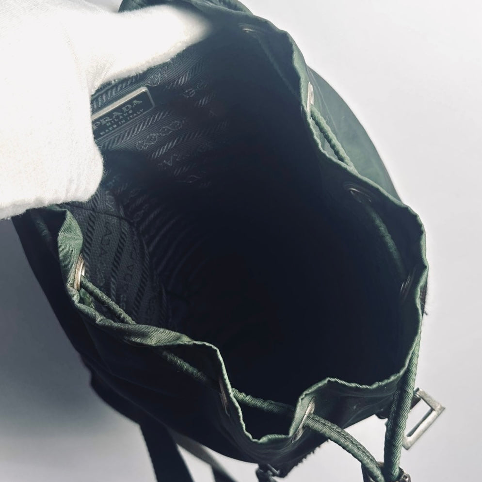 Prada Dark Green Khaki Tessuto Classic Monogram Logo Nylon & Leather Small Backpack Bag