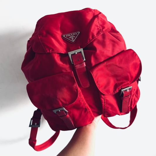 Prada Red Tessuto Monogram Logo Classic Drawstring Backpack Flap Bag