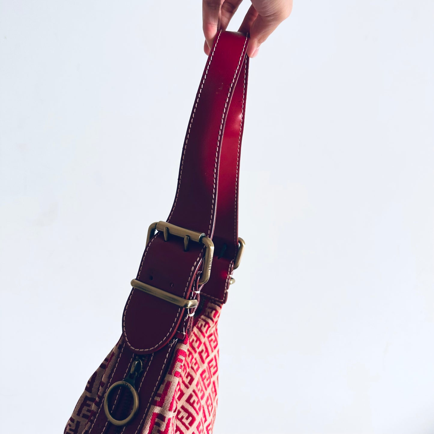 Fendi Maroon Red FF Zucca Monogram Logo Saddle Baguette Pochette Hobo Shoulder Bag