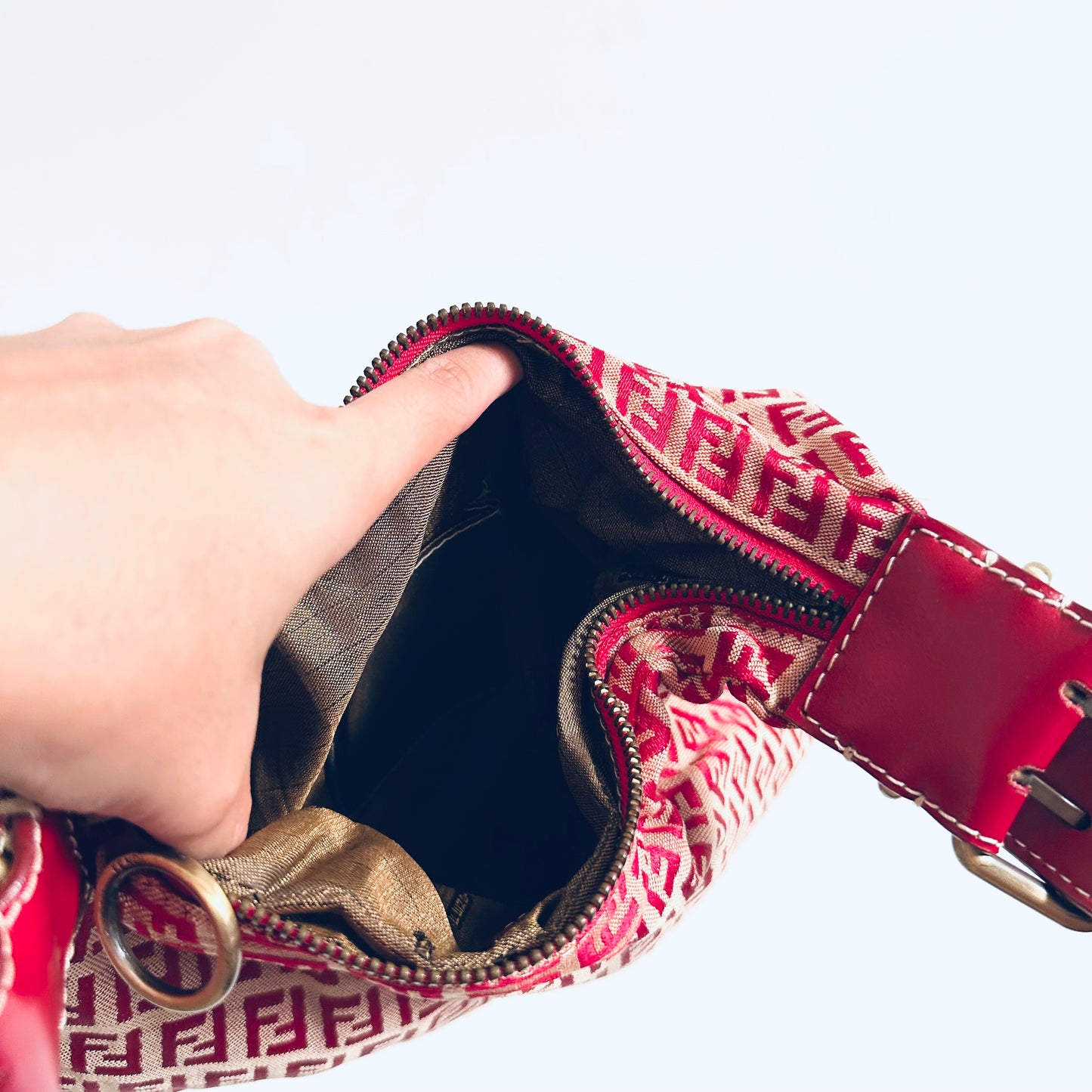 Fendi Maroon Red FF Zucca Monogram Logo Saddle Baguette Pochette Hobo Shoulder Bag