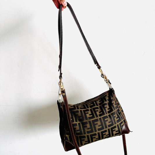 Fendi Dark Brown GHW Zucca FF Monogram Logo 2-Way Hobo Baguette Shoulder Sling Bag