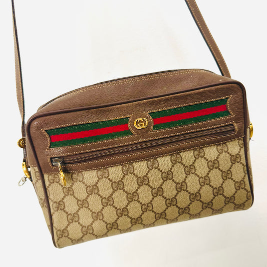 Gucci Ophidia Camera Beige GHW GG Monogram Logo Web Striped Shoulder Sling Bag