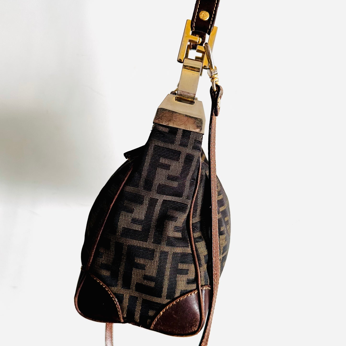 Fendi Dark Brown GHW Zucca FF Monogram Logo 2-Way Hobo Baguette Shoulder Sling Bag