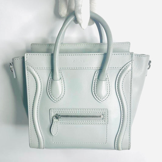Celine Nano Luggage Glacier Celestial Blue Monogram Logo Smooth Leather Top Handle Shoulder Sling Bag
