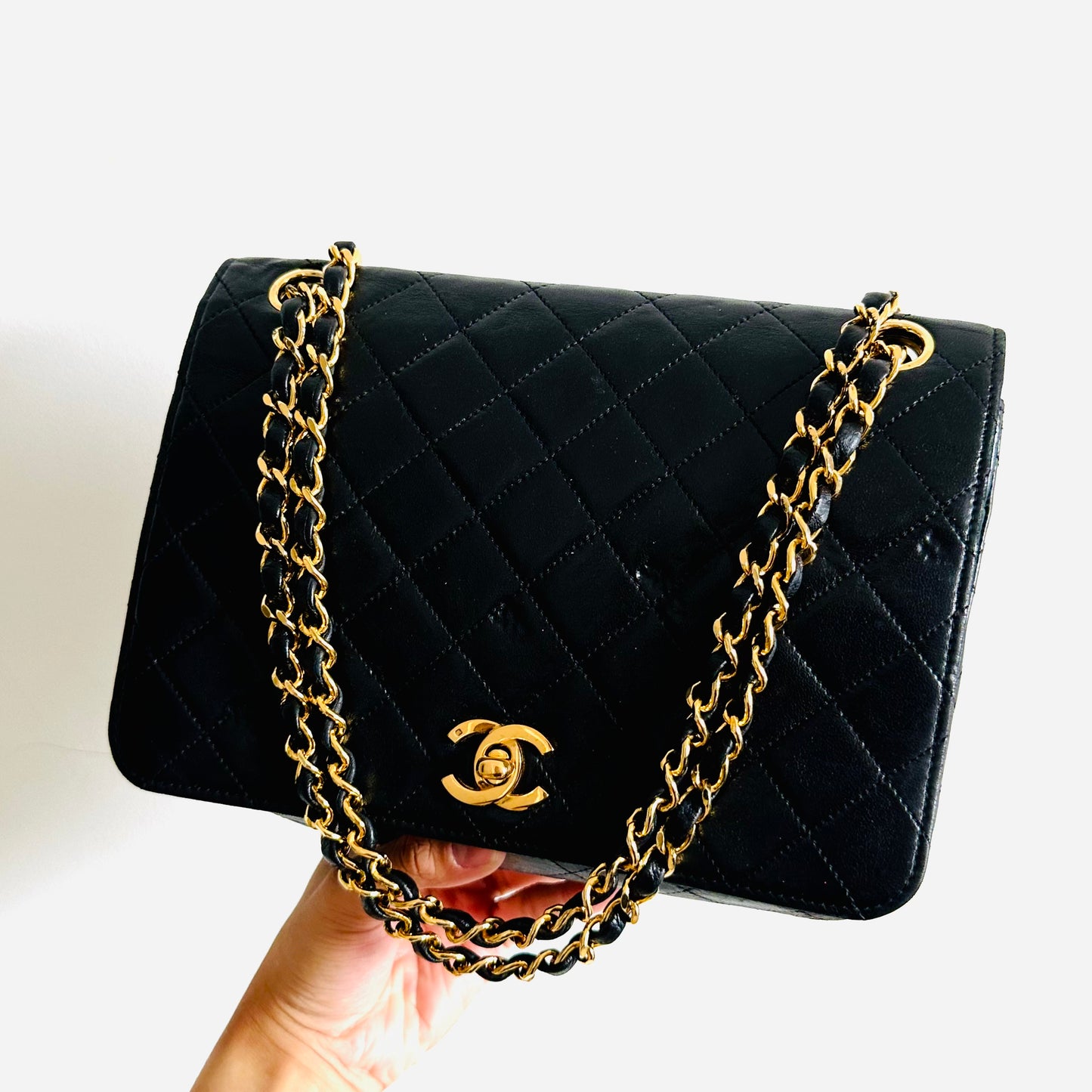 Chanel CC Black GHW Logo Small Square Classic Single Flap Quilted Lambskin Turnlock Vintage Shoulder Sling Bag