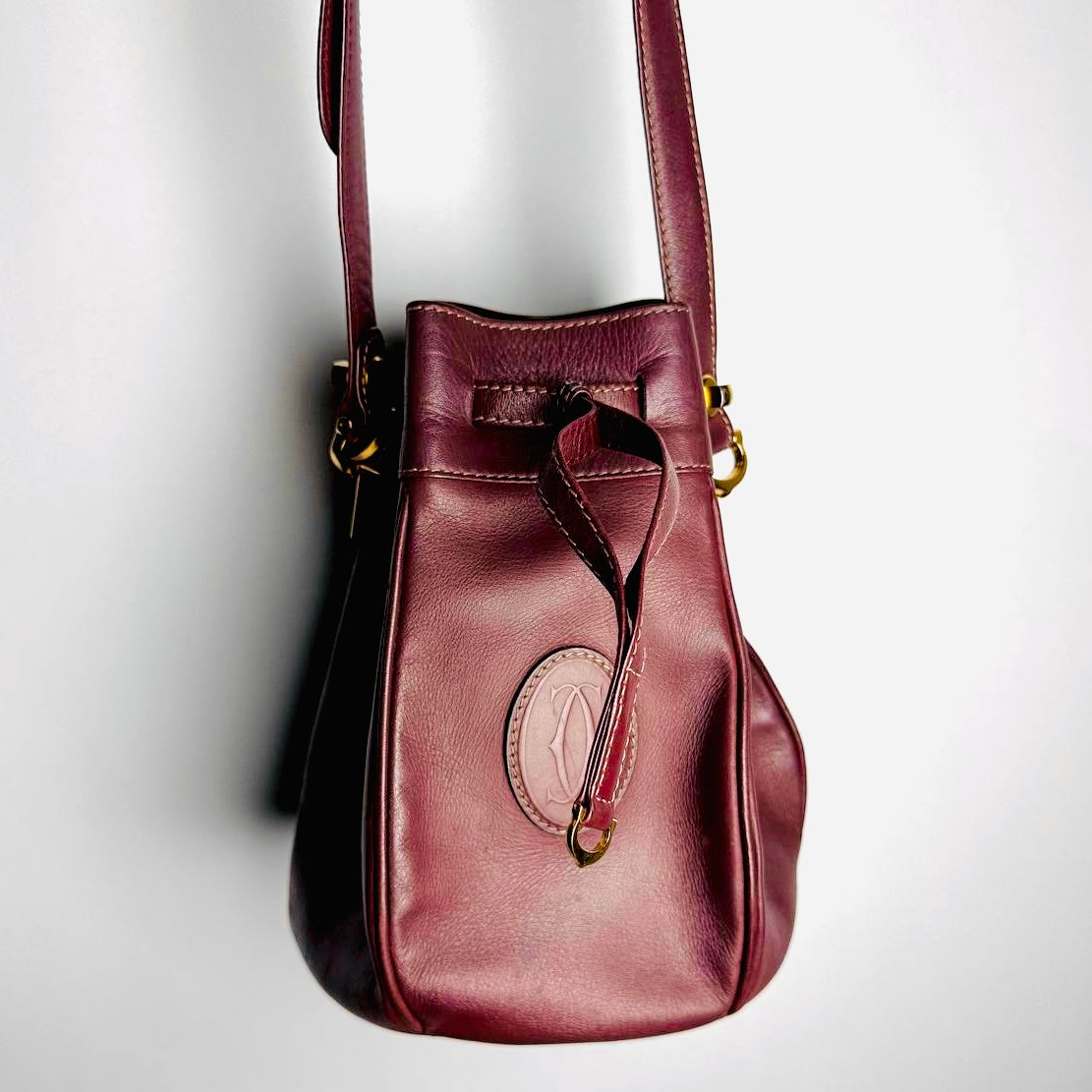 Cartier Must / Mast de Cartier Maroon Burgundy GHW Smooth Leather Bucket Shoulder Drawstring Bag