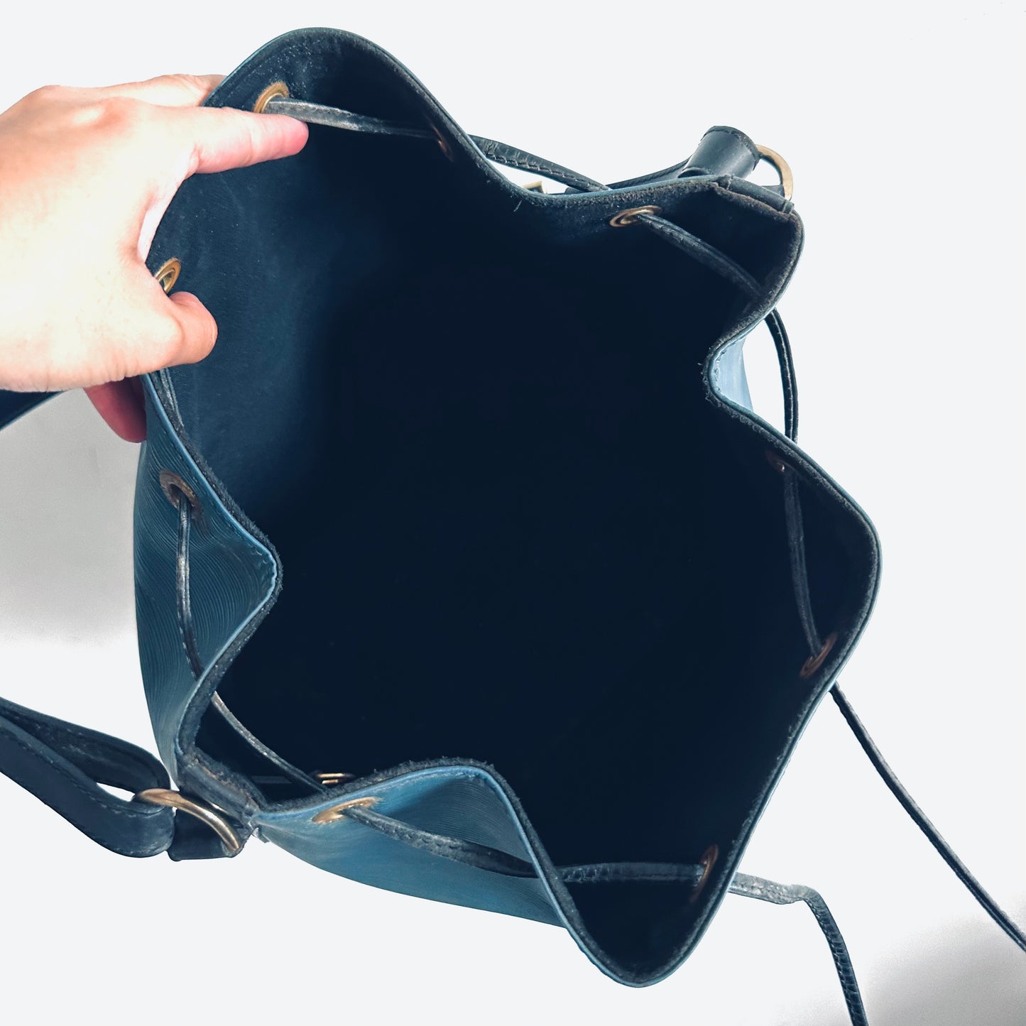 Louis Vuitton LV Blue / Black GHW Petit Noe Epi Leather Monogram Logo Bucket Drawstring Shoulder Sling Bag