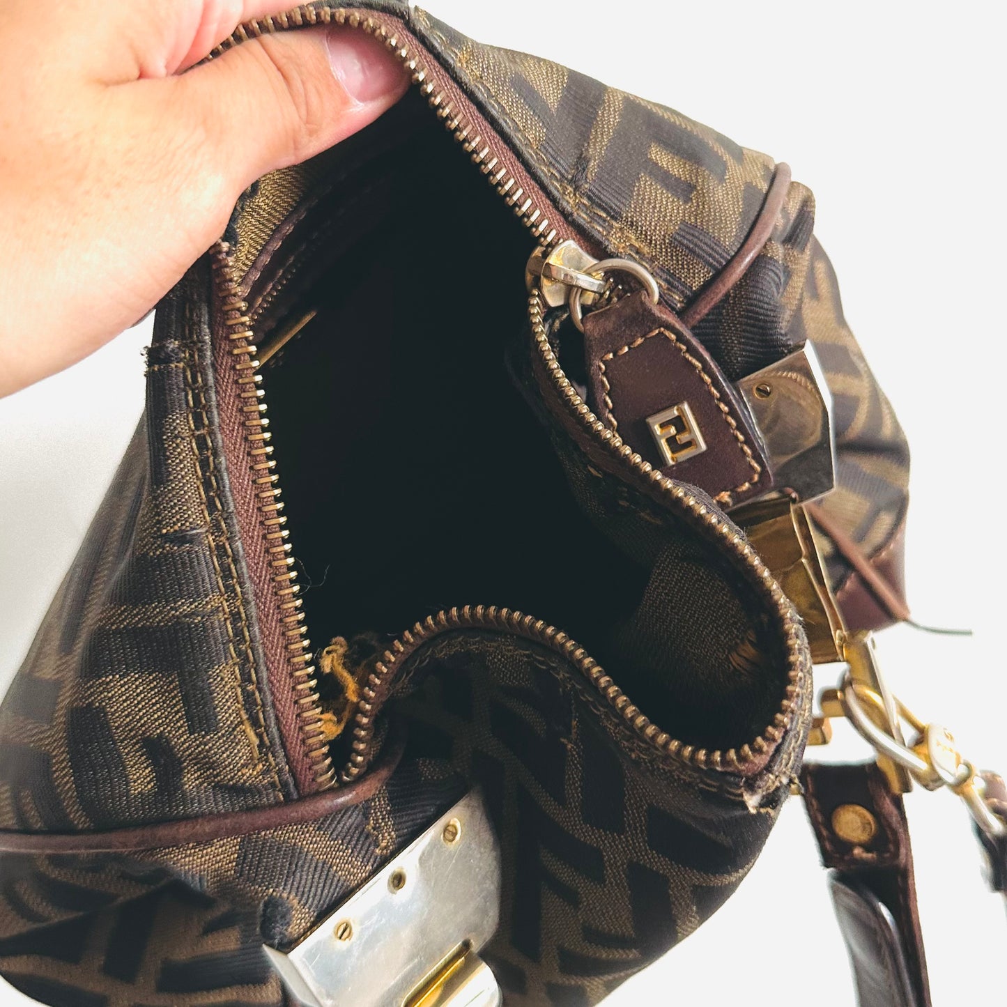 Fendi Dark Brown GHW Zucca FF Monogram Logo 2-Way Hobo Baguette Shoulder Sling Bag