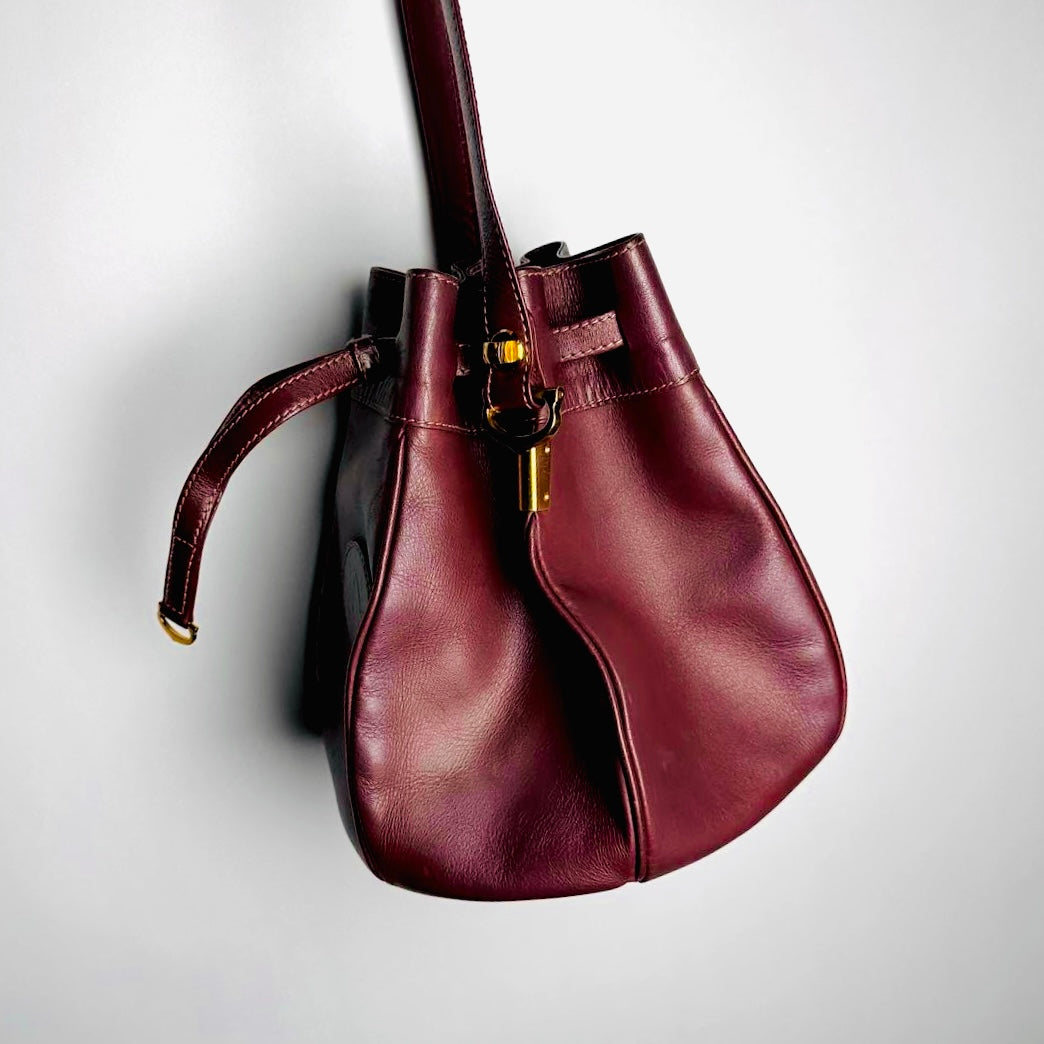 Cartier Must / Mast de Cartier Maroon Burgundy GHW Smooth Leather Bucket Shoulder Drawstring Bag