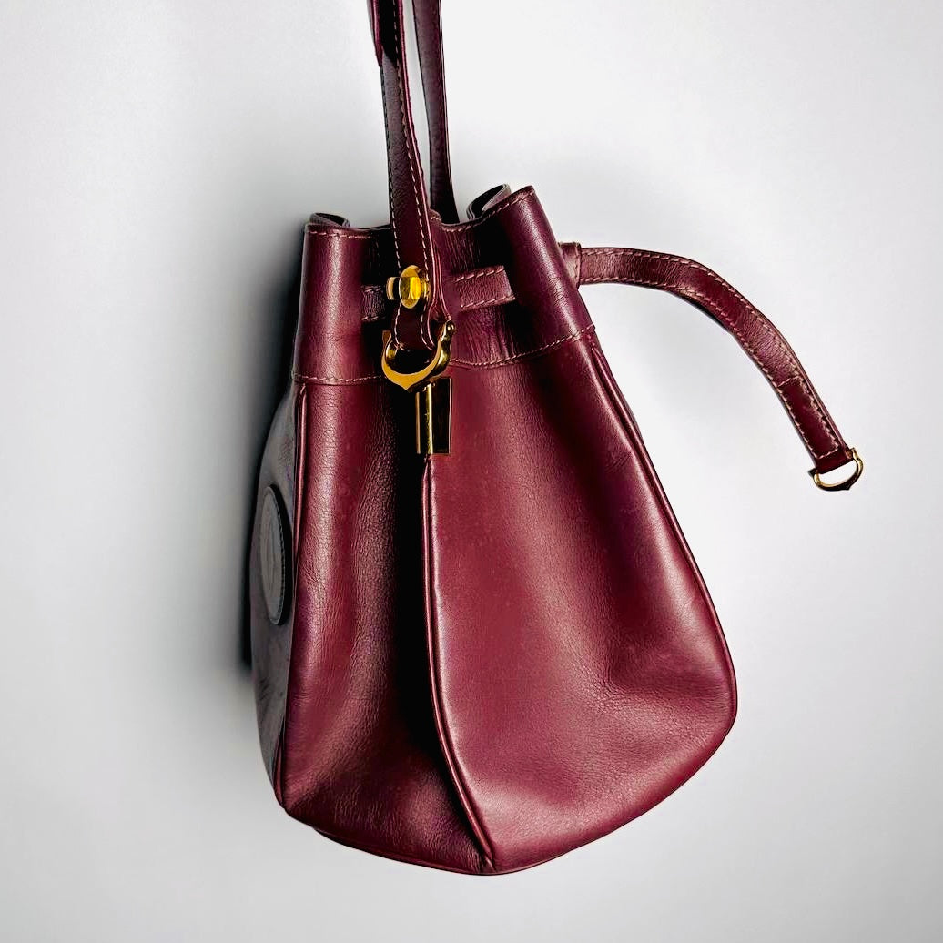 Cartier Must / Mast de Cartier Maroon Burgundy GHW Smooth Leather Bucket Shoulder Drawstring Bag